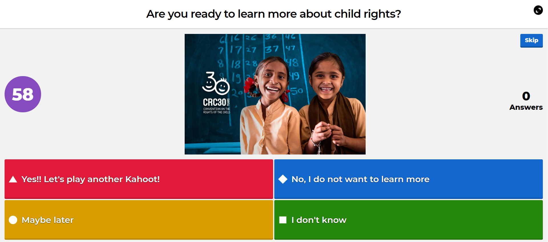 Kahoot! Online games on Child Rights-Product - 教育資源網 | 聯合國兒童基金香港委員會 UNICEF  HK Education Web Portal